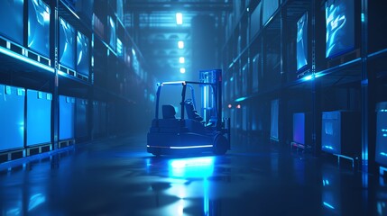 A lone forklift in a dark warehouse. The forklift is illuminated by a single light.