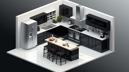 Vector concept of white and black kitchen interior, isometric view, contemporary design with marble countertops