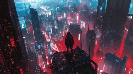 Illustrate a cyberpunk metropolis at dusk