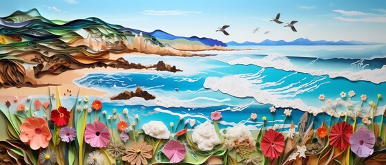 Illustrate a birds-eye panorama of a tranquil coastal setting using paper quilling techniques Craft swirling waves