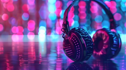 A pair of black headphones with glowing purple and blue lights reflecting on its surface. The background is a blurred out image of a colorful dance floor.