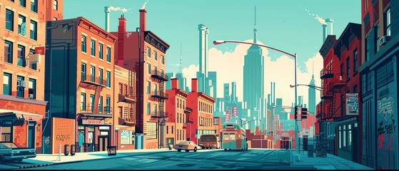 Illustrate a panoramic cityscape, blending social commentary through street art elements Utilize a minimalist approach with bold, stark lines to convey a powerful message