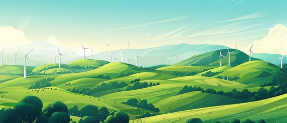 Illustrate a vast green landscape of rolling hills and wind turbines from a drones perspective
