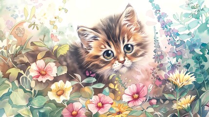 Illustrate a whimsical scene of a curious kitten exploring a flower-filled garden in watercolor at eye-level angle