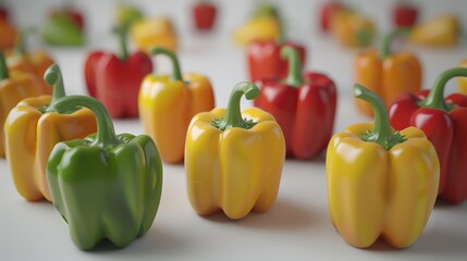 Immerse viewers in the crisp allure of bell peppers, showcased in a striking 3D rendition with a focus on realism and visual appeal, set against a stark white background