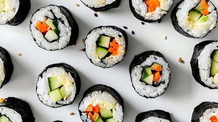 An assortment of sushi rolls, made with fresh vegetables and seafood. The perfect meal for a healthy and delicious lunch or dinner.