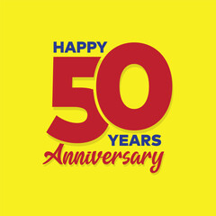 Happy 50 years anniversary logo with bold typography on yellow background. Red color 50th anniversary logo. 50 age Birthday celebration template, poster, banner, greeting card.
