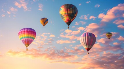 Naklejka premium Sunset Hot Air Balloon Flight Over Scenic Landscape