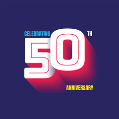 Celebrating 50 years anniversary 3d logo with modern typography on blue background. 50th anniversary emblem design. 50 age Birthday celebration template, poster, banner, greeting card.