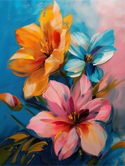 A stunning array of flowers, their large petals painted in vibrant shades of pink, orange, and blue, depicted with an oil technique.