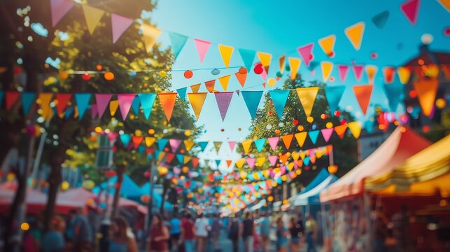 Colorful bunting flags and decorations at a lively summer street festival under blue sky