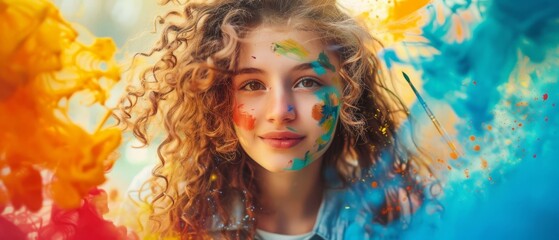 Young woman with curly hair and colorful face paint, vibrant artistic portrait filled with splashes of paint in various colors.