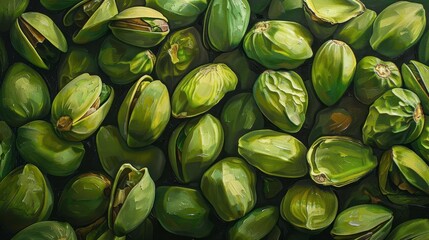Illustrate the vibrant green color and unique texture of pistachio shells in your artwork