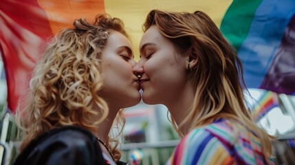 A lesbian couple sharing a kiss in front of a Pride flag.