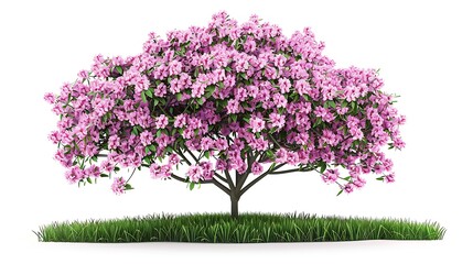 A pink flowering tree on a patch of grass. - Powered by Adobe