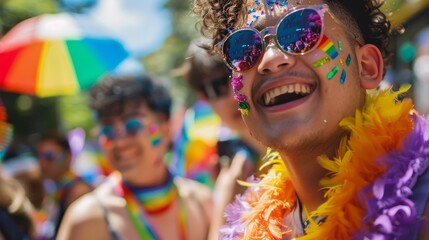 An LGBTQ+ ally supporting friends at a Pride rally.