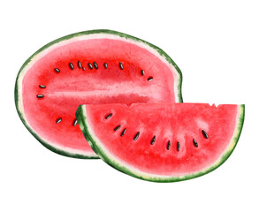 Summer watermelon fruit half with slice watercolor illustration isolated on white background. Hand drawn cut berry clipart for juicy food and drink designs, organic juice