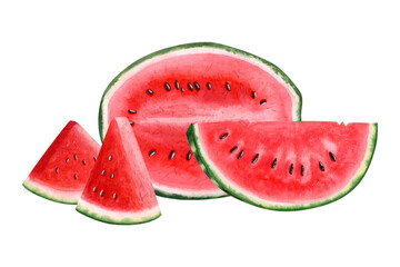 Ripe watermelon slices of different shapes with seeds watercolor illustration isolated on white. Delicious organic fruits in realistic style for summer drinks and juices
