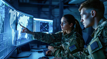 Modern Military Surveillance Officer centers with soldiers working on computer screens displaying tactical maps and data, Control and Monitoring for Managing National Security, and Army Communications