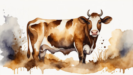 Watercolor cow illustration with abstract splashes isolated on a white background. Farm animal art.