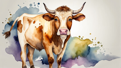 Watercolor cow illustration with abstract splashes isolated on a white background. Farm animal art.