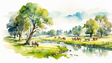 Cows grazing by a river in a green landscape. Watercolor illustration of a pastoral scene with trees and cattle. Countryside and nature concept.