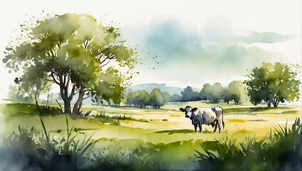 Cows grazing by a river in a green landscape. Watercolor illustration of a pastoral scene with trees and cattle. Countryside and nature concept.