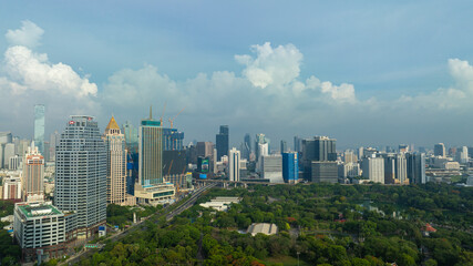 Fototapeta premium Aerial view city office building with green public park