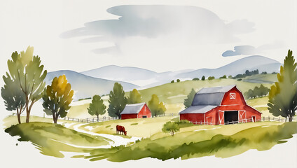 Cows grazing by a river in a green landscape. Watercolor illustration of a pastoral scene with trees and cattle. Countryside and nature concept.