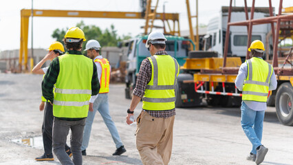 Group of Engineer and foreman worker team inspect the construction site, Site manager worker and builder on construction site.