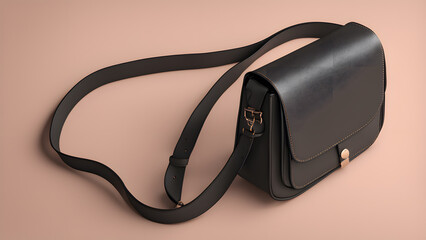 a black purse with a strap on a beige background