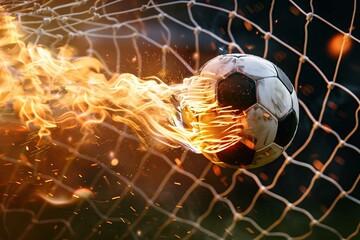 soccer ball on fire going through a net