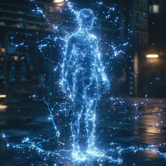 Glowing blue hologram of the outline and shape of an adult human figure floating in space on a dark background. The light is very subtle and soft, creating an ethereal effect.