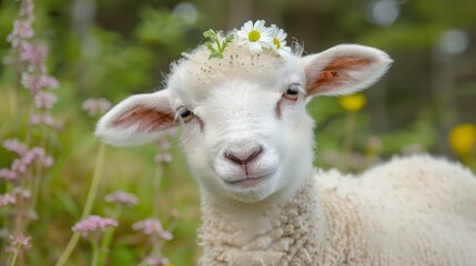 Obraz premium Curious Sheep Amidst Blooming Flowers