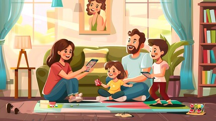 Family Fun Time - Parents Engaging Kids in Educational Games in Cozy Living Room Setting