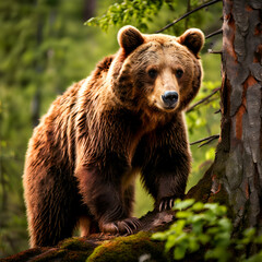 Obraz premium A European brown bear climbs up a tree