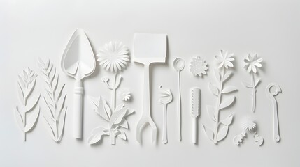 Garden Tools Paper Cutout in Layered White Minimalist Design