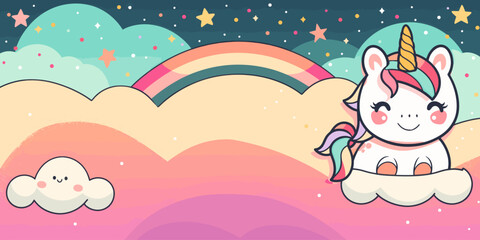 Cute Cartoon Unicorn Sitting on Cloud with Rainbow and Starry Sky in Whimsical Pastel Colors