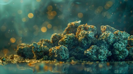 Cinematic Photo of Detailed Cannabis Buds with Trichomes on Retro Psychedelic Background