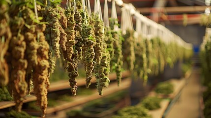 Vertically Arranged Premium Cannabis Flowers Drying in an Indoor Grow Facility