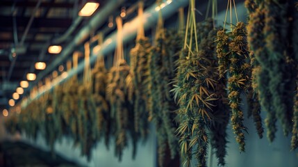 Vertically Arranged Premium Cannabis Flowers Drying in Indoor Cultivation Facility