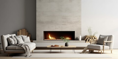 Minimalist living room interior with modern fireplace and white walls. Interior mockup. © MDASHIR