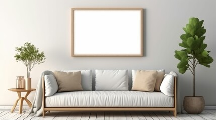 Minimalistic interior design. Stylish living room interior style with mock up frame above single sofa.