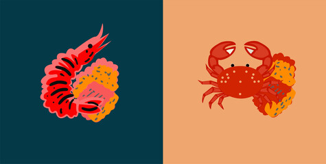 Shrimp and Crab with Ocean Background