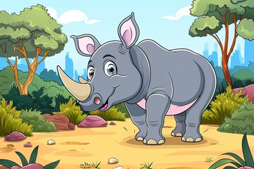 cartoon drawing, of cute happy rhino in the wild, detailed background, Generate AI