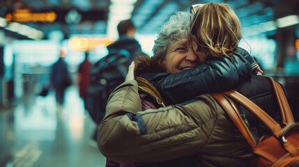 Emotivo reencuentro de dos mujeres abrazándose con alegría en una estación de tren, mostrando cariño y felicidad en un entorno concurrido