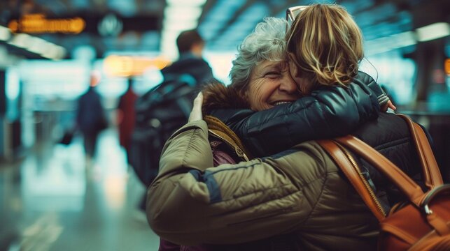 Emotivo reencuentro de dos mujeres abraz&aacute;ndose con alegr&iacute;a en una estaci&oacute;n de tren, mostrando cari&ntilde;o y felicidad en un entorno concurrido