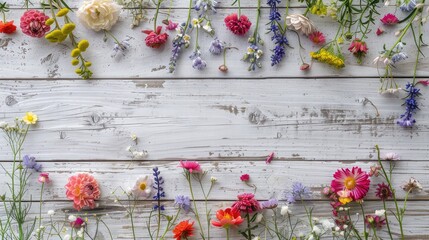 Colorful flowers on white wooden background ,Top view with copy space, A beautiful wreath of peony and dog rose flowers on a wooden background, rustic style, Flowers composition
