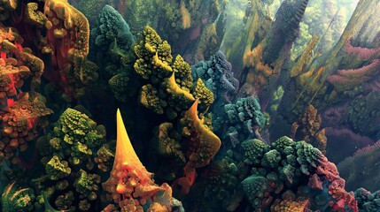A digital forest of repeating motifs, each one a unique combination of shapes and colors, creating a surreal and immersive landscape. 32k, full ultra HD, high resolution