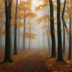 dense forest in autumn, with golden leaves and a misty background.